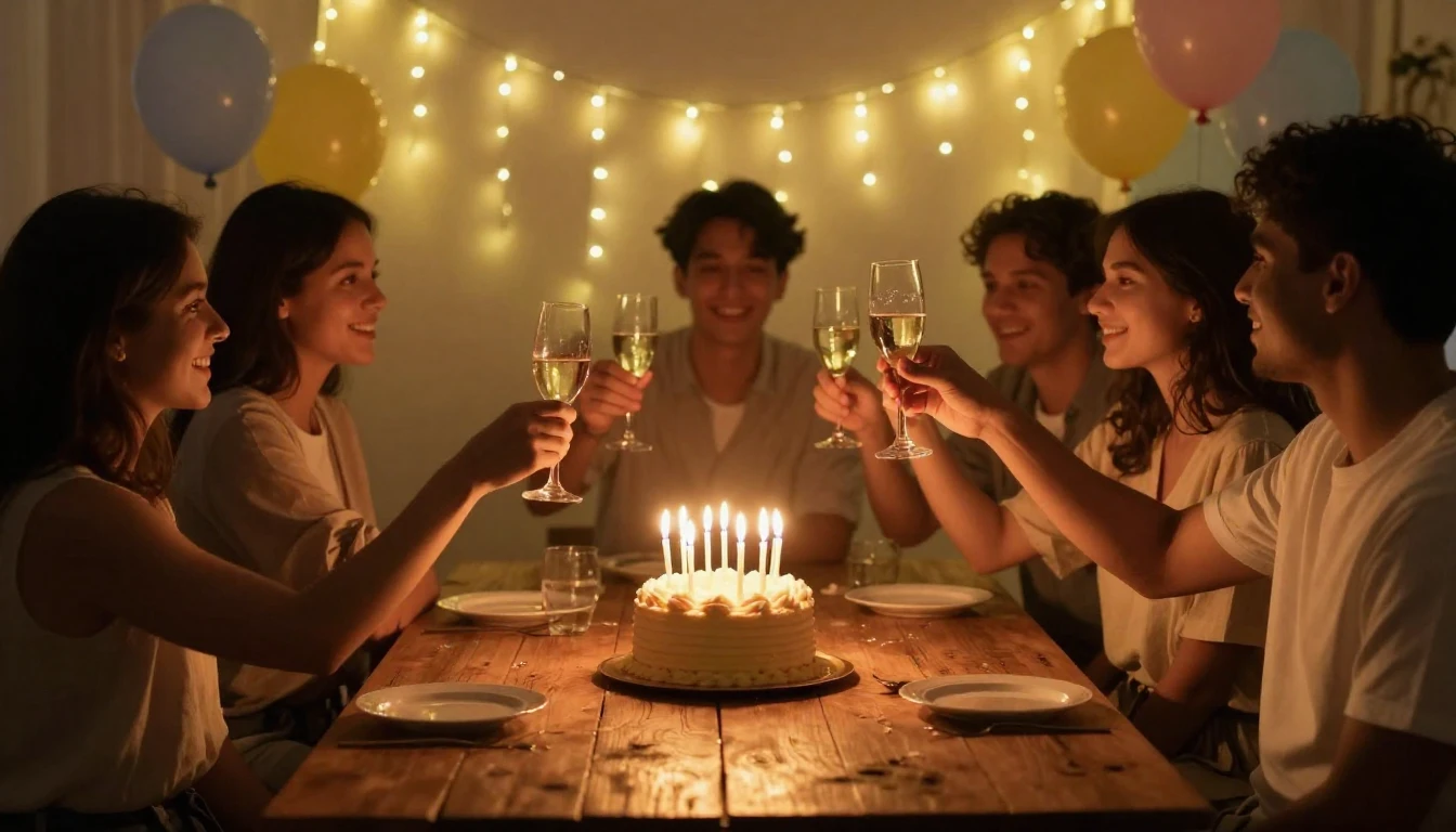 A warm and cozy birthday celebration scene. A beautifully de...