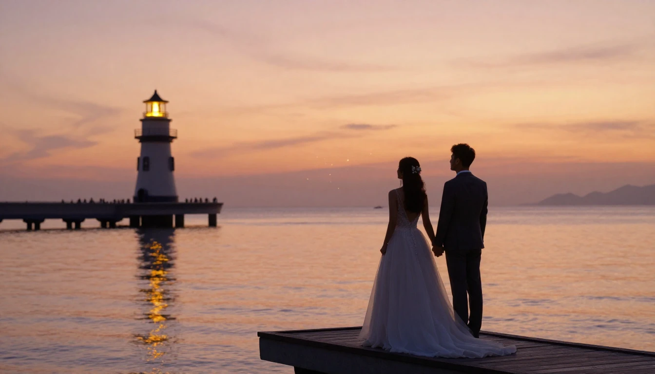 A romantic and atmospheric image of a newlywed couple standi...