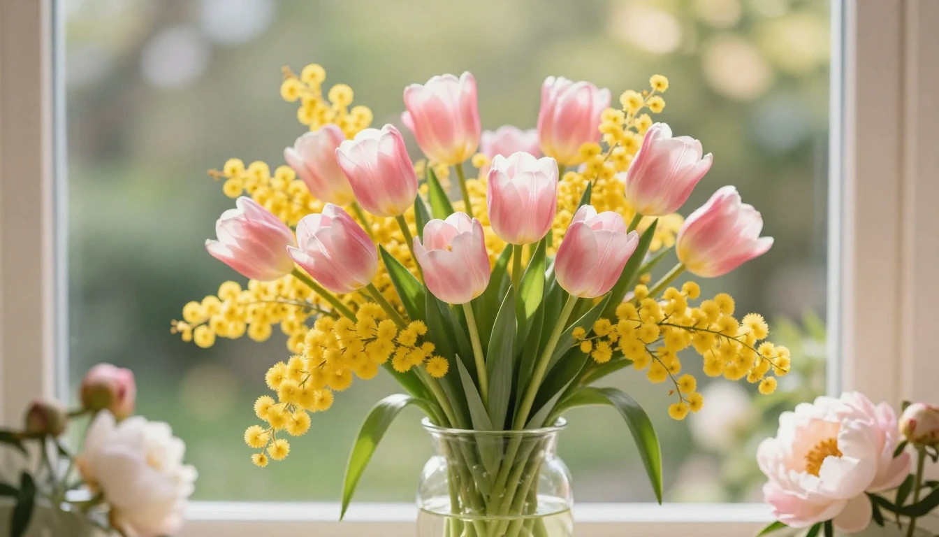 A beautiful and vibrant spring scene featuring a lush bouque...