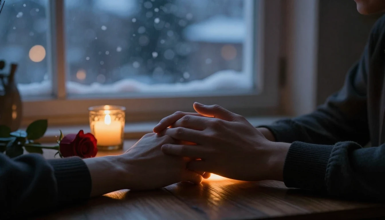 A romantic close-up scene at twilight. Two hands holding eac...