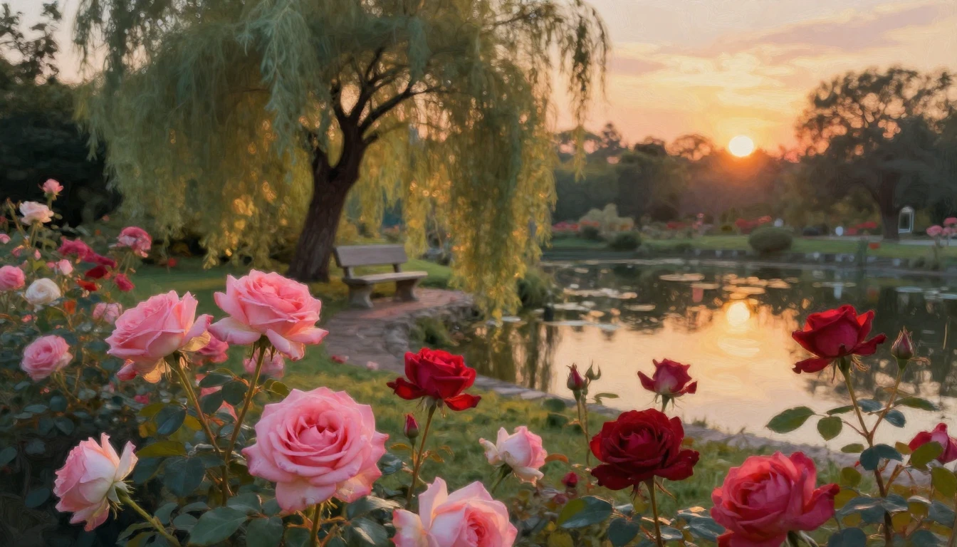 A beautiful impressionist scene of a quiet garden at sunset....