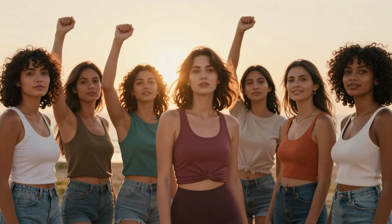 A beautiful and diverse group of women standing together, lo...