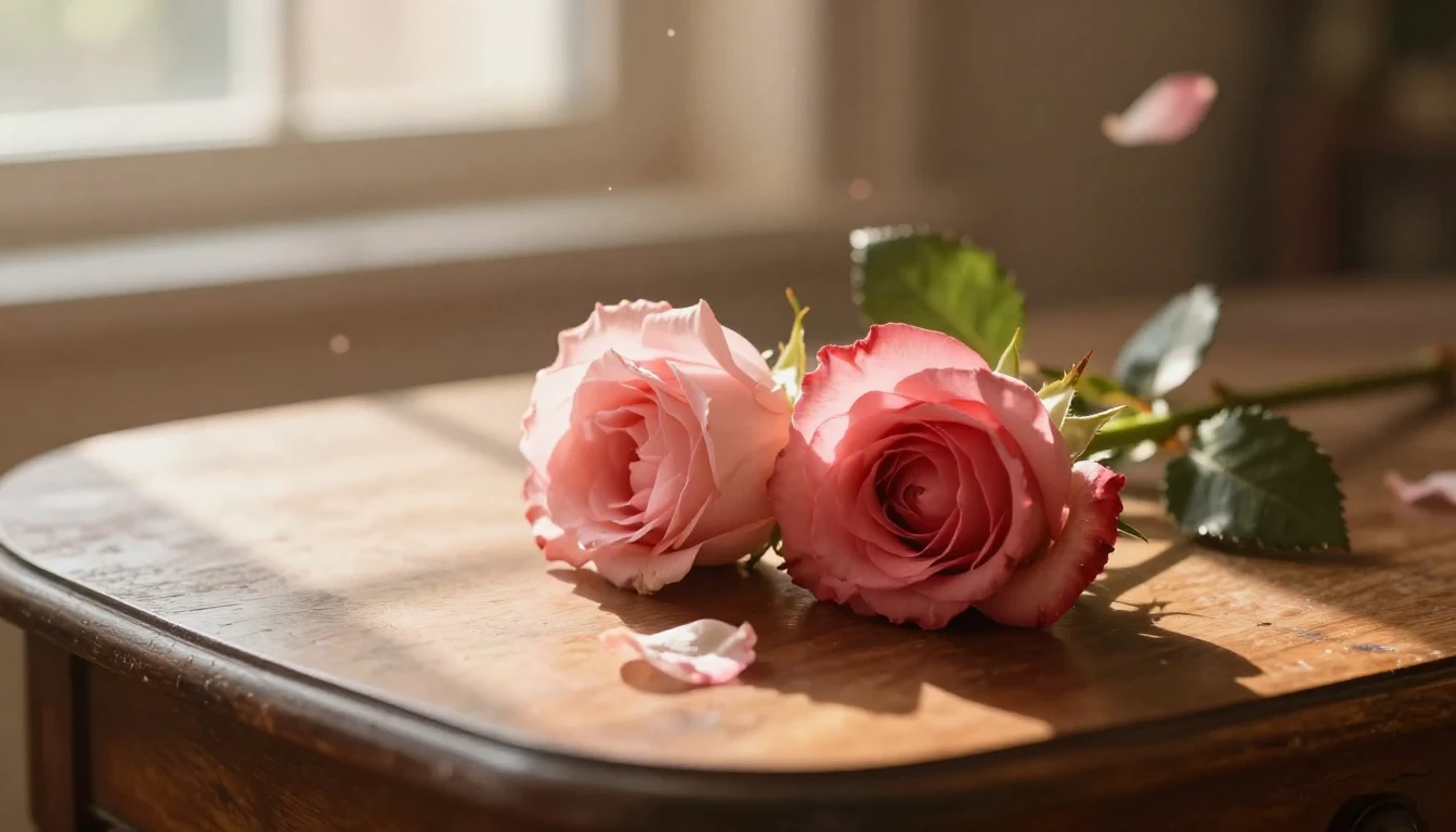 A delicate and ethereal scene featuring two intertwined rose...