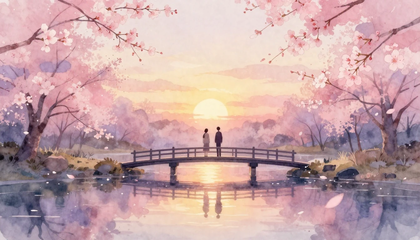 A dreamlike watercolor painting of two silhouettes standing ...