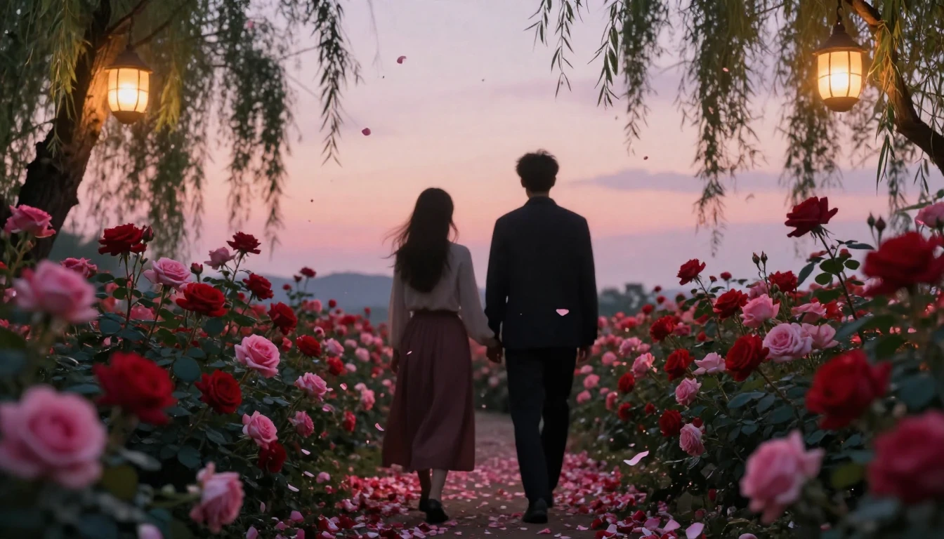 A dreamy and romantic scene featuring two silhouettes walkin...