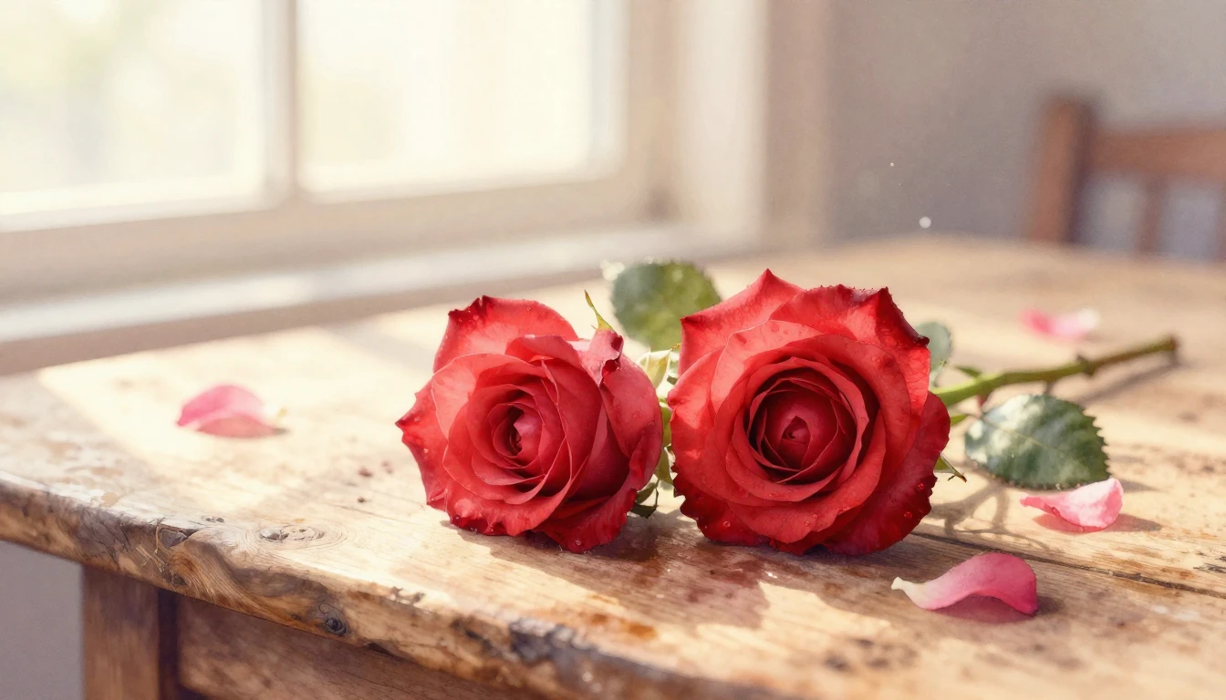 A beautiful watercolor painting of two delicate red roses in...