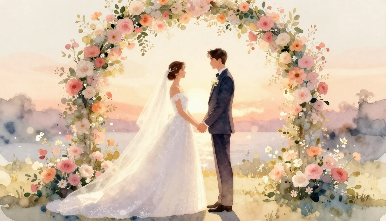 A romantic watercolor painting of a wedding scene. A bride i...