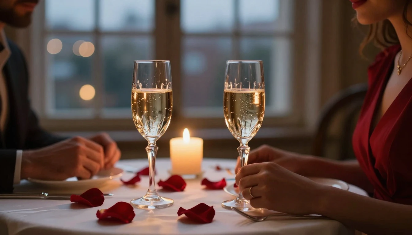 A close-up cinematic shot of a beautifully set dinner table ...