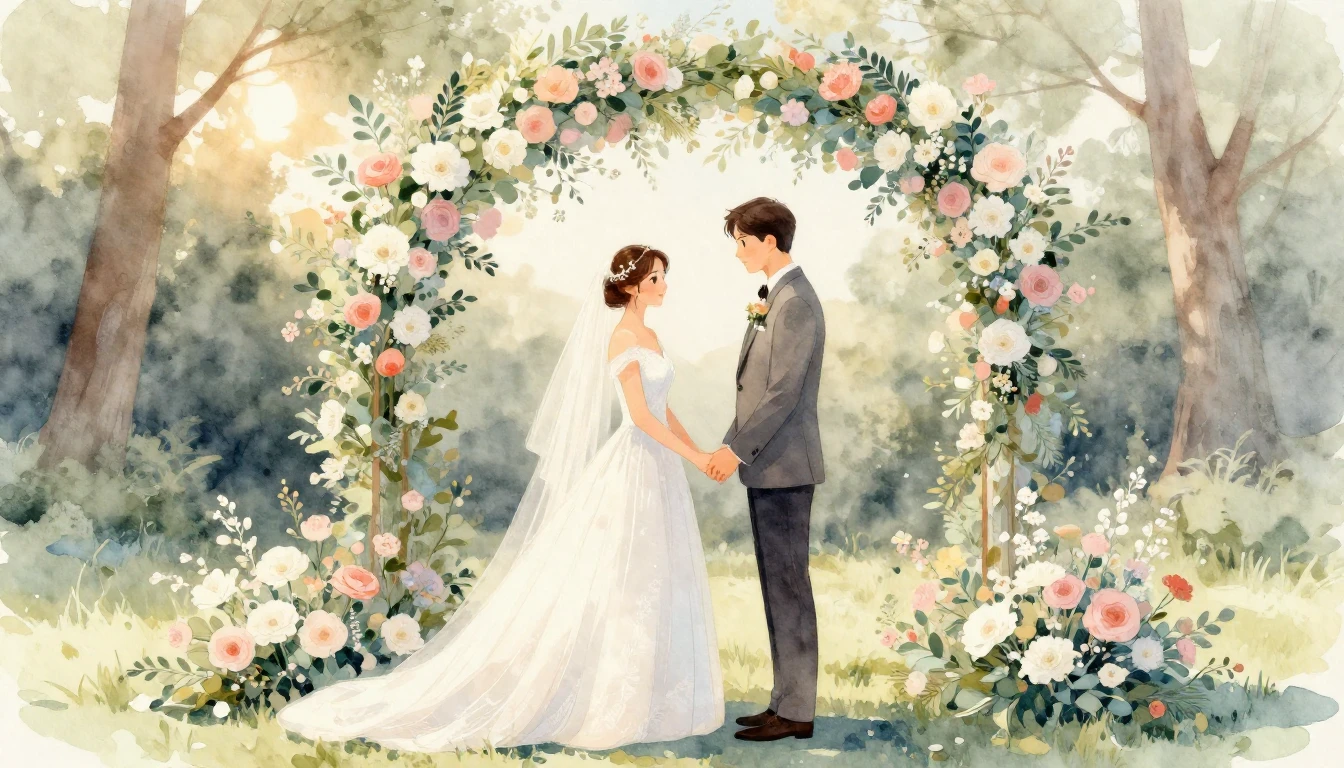 A soft and dreamy watercolor illustration of a bride and gro...