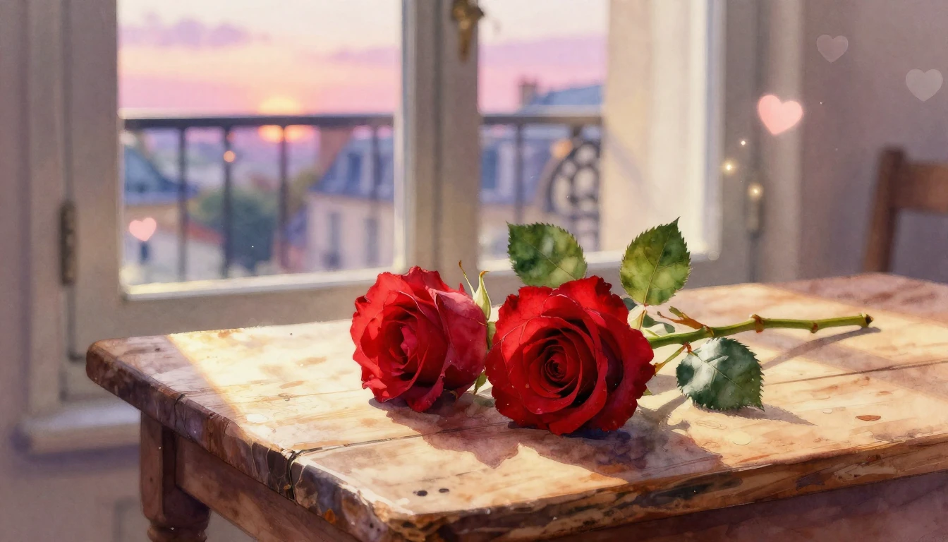 A beautiful watercolor painting of two delicate red roses in...