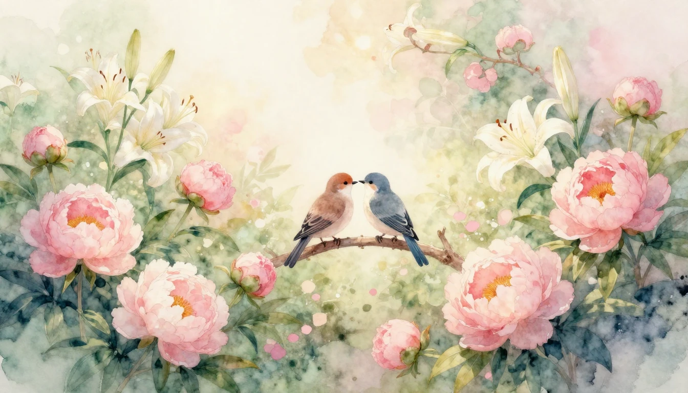 A soft watercolor painting of a blooming garden filled with ...
