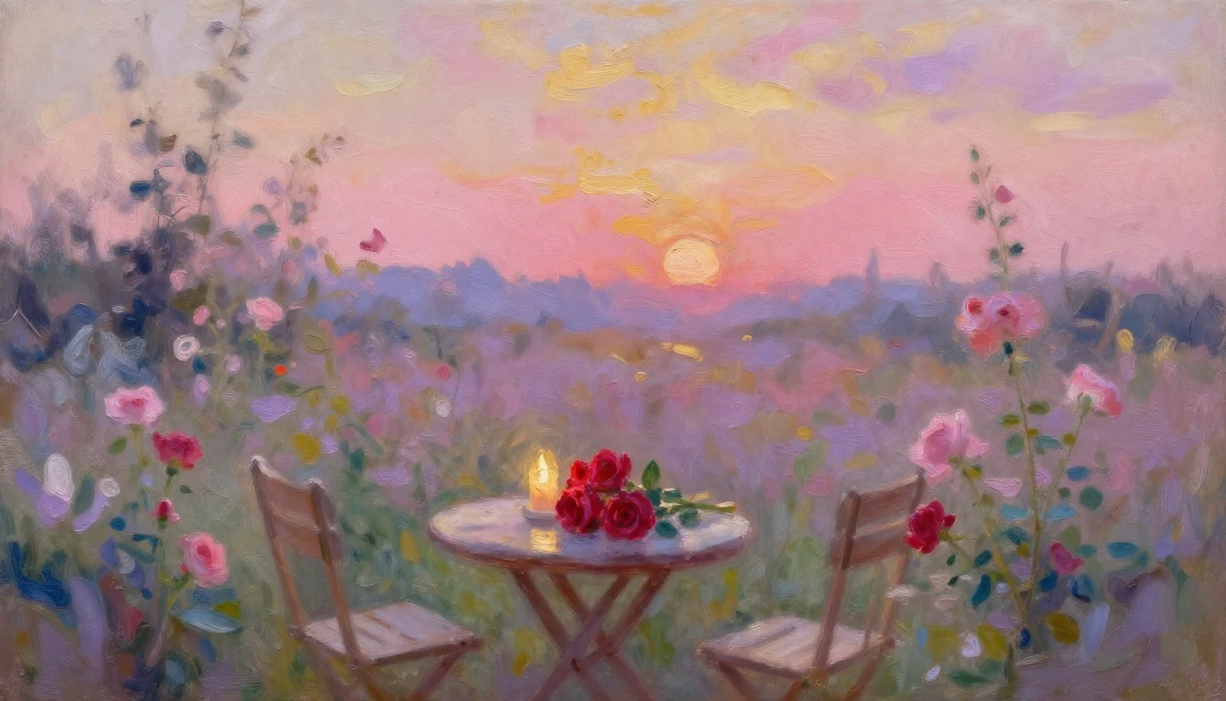An impressionist oil painting of a serene garden at sunset. ...