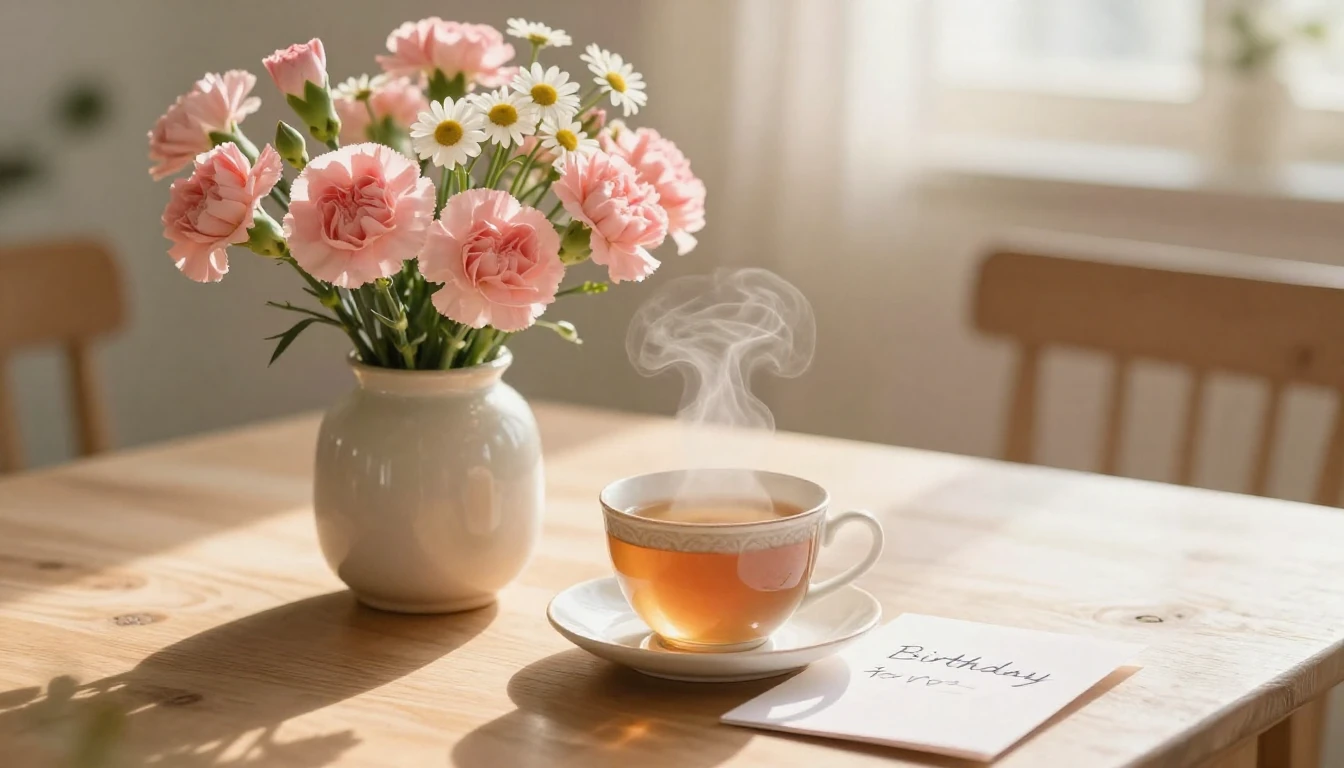 A heartwarming close-up scene of a wooden table bathed in so...