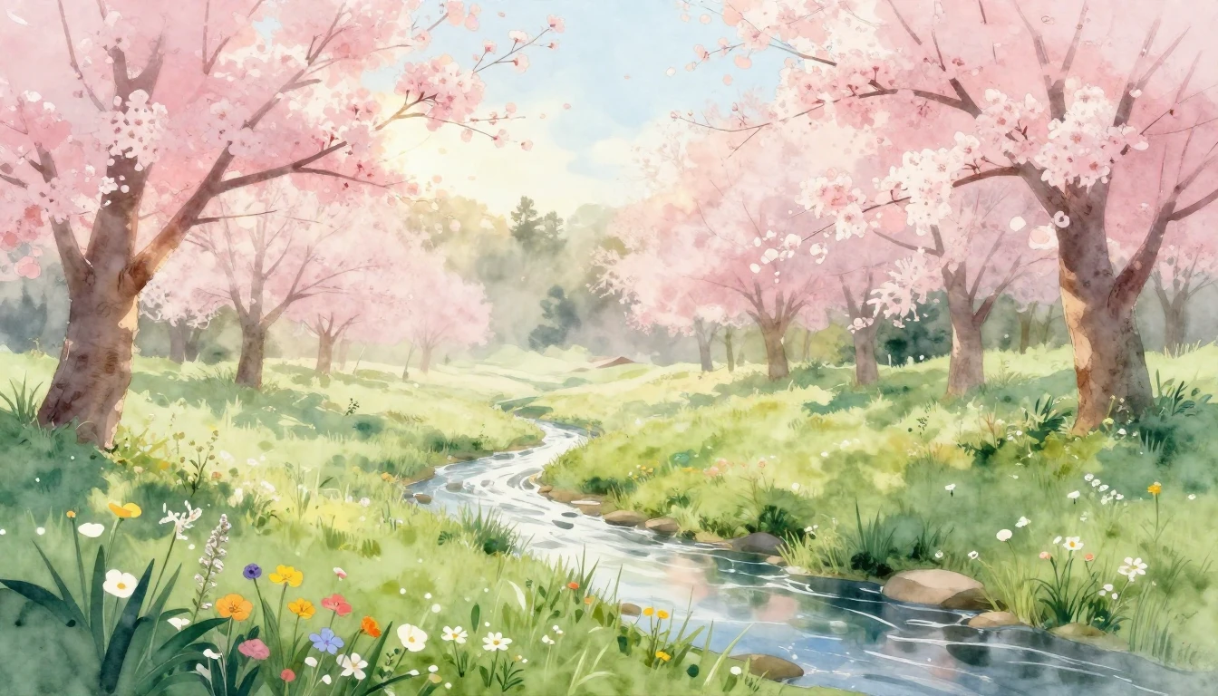 A breathtaking watercolor painting of a lush meadow at dawn....