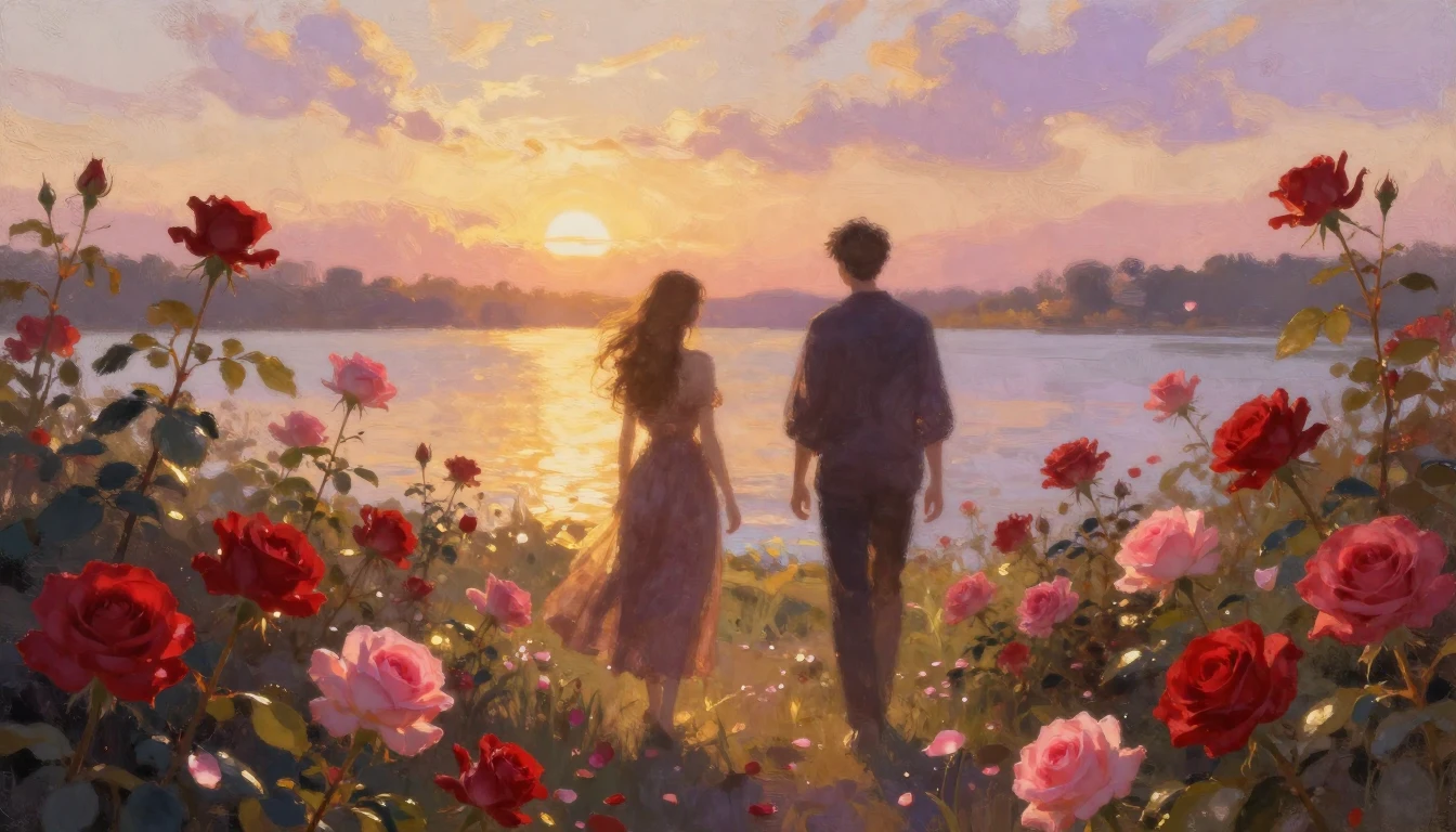 A dreamy and ethereal scene featuring two silhouettes walkin...