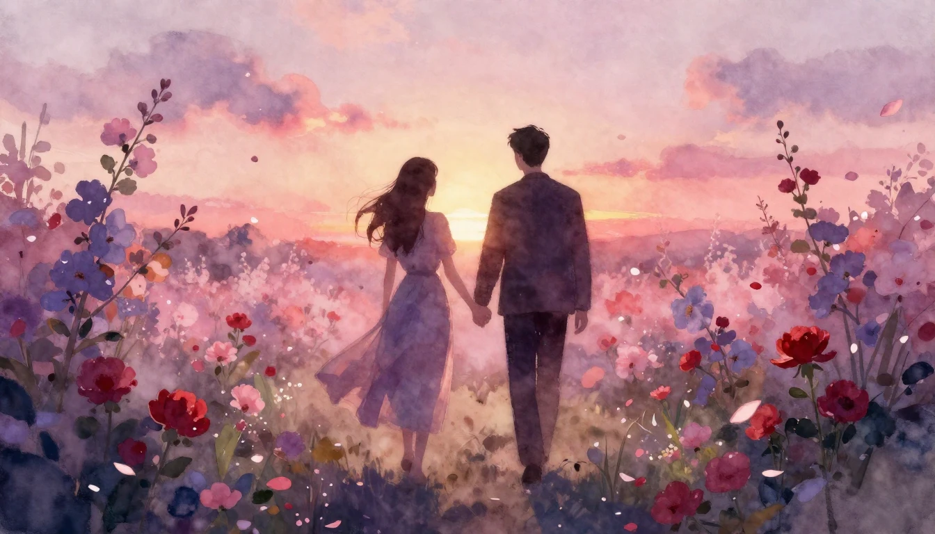 A beautiful watercolor painting of two silhouettes walking h...