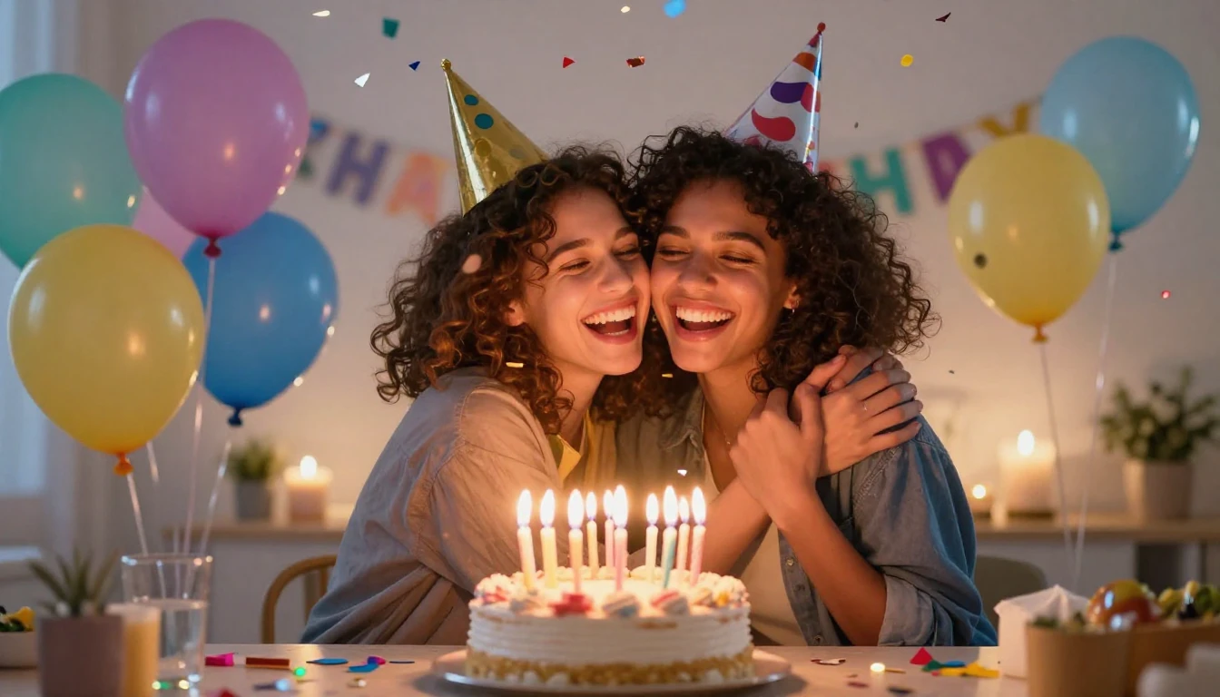 A joyful celebration scene with two best friends hugging and...