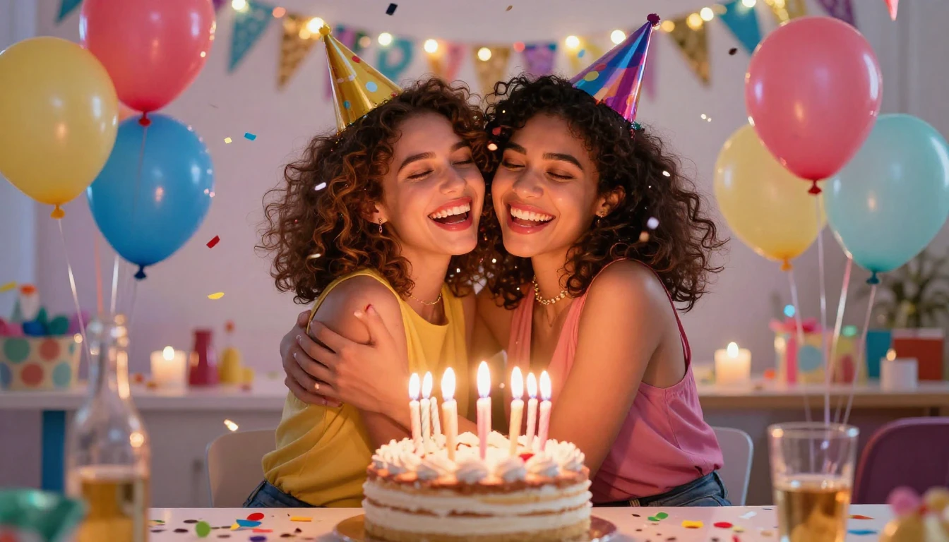 A vibrant and cheerful birthday party scene featuring two be...