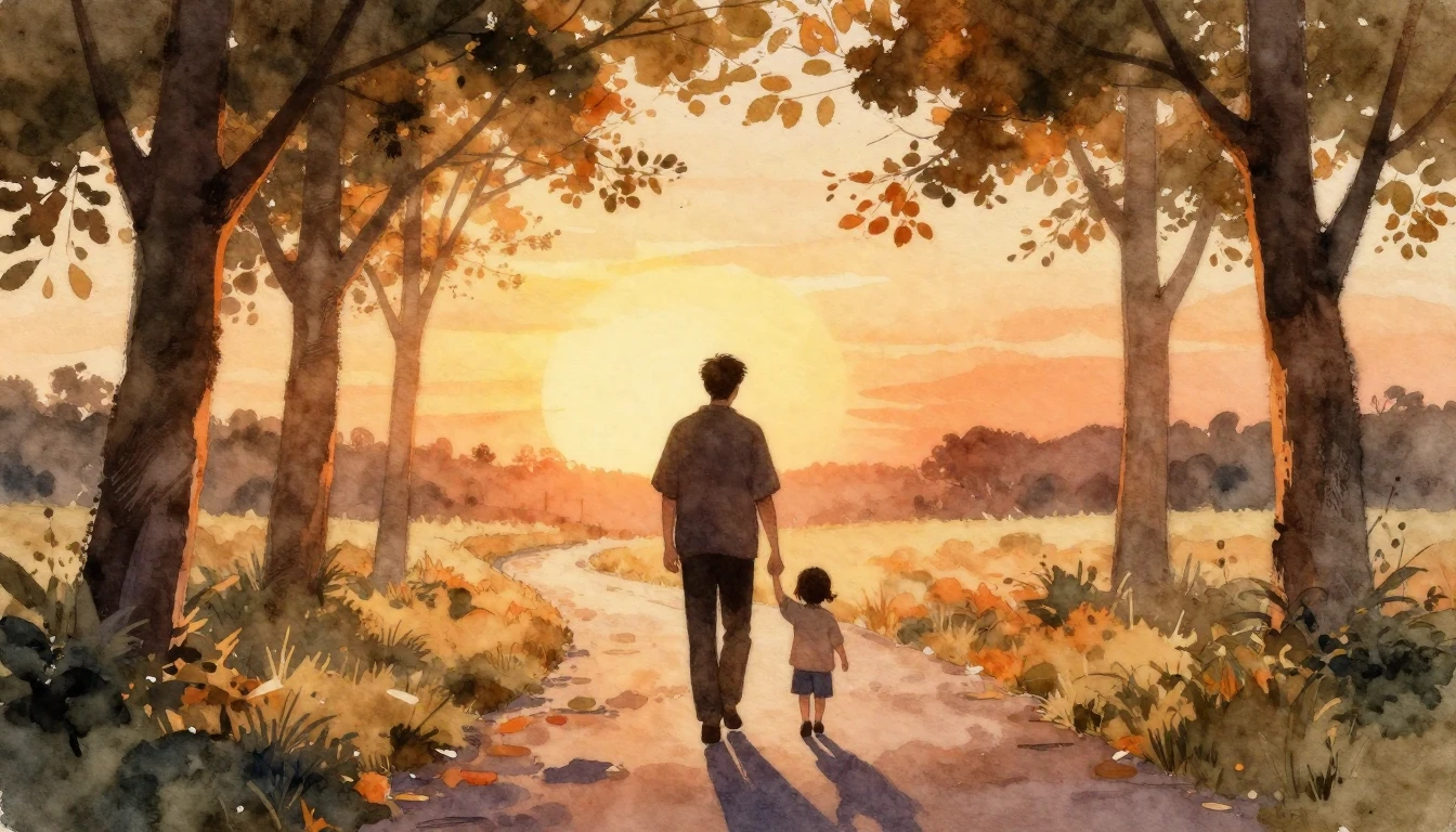 A heartwarming watercolor painting depicting a silhouette of...