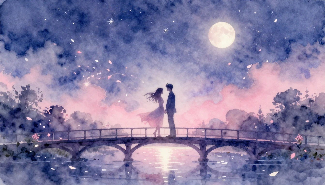 A beautiful and soft watercolor painting depicting two silho...