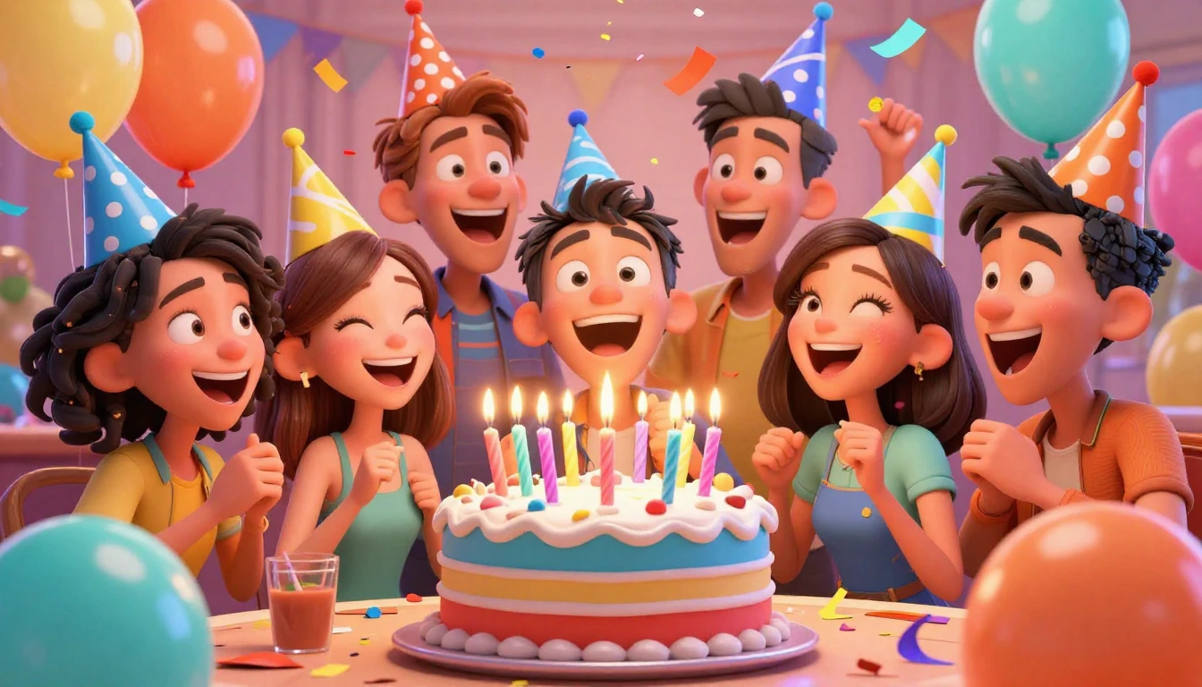 A humorous and chaotic birthday party scene featuring a grou...