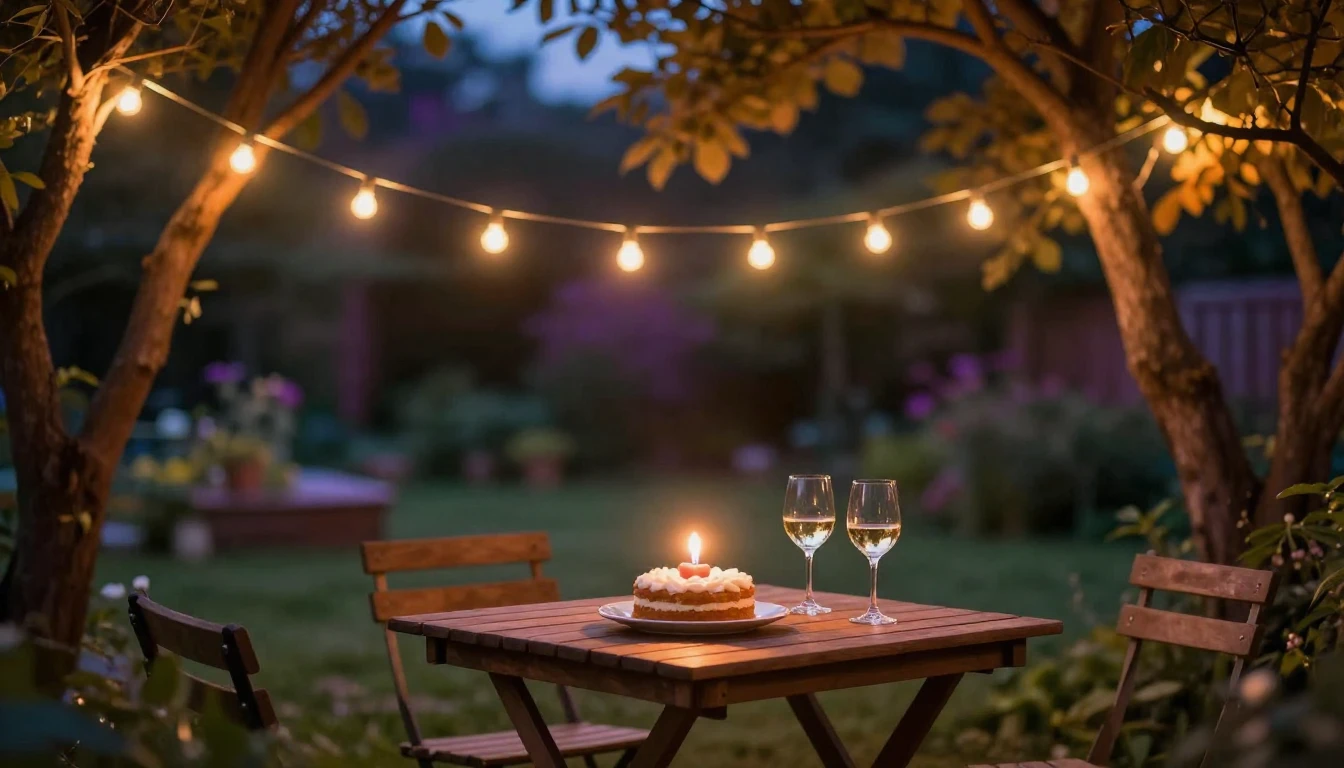 A cozy outdoor garden scene at dusk, illuminated by soft str...