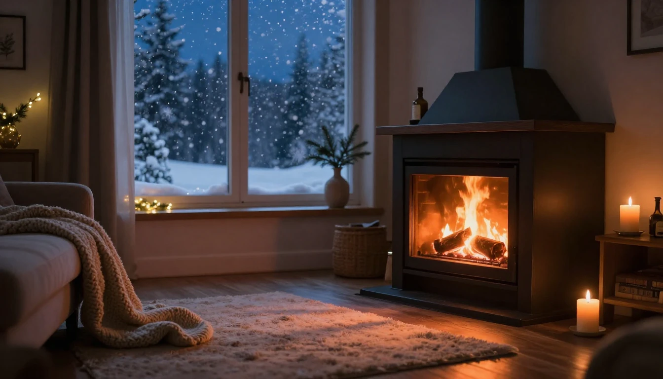 A cinematic view of a cozy living room during a winter eveni...