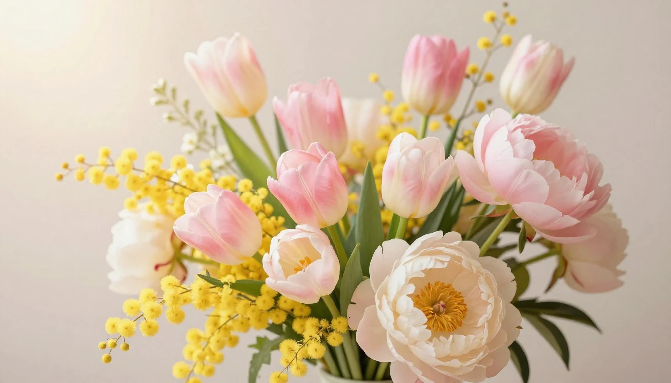 A beautiful and vibrant bouquet of spring flowers, including...