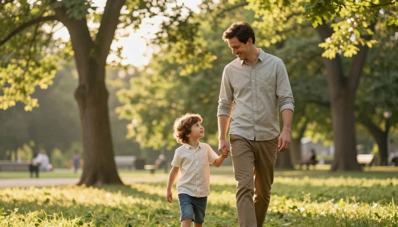 A heartwarming scene of a father and his young child walking...