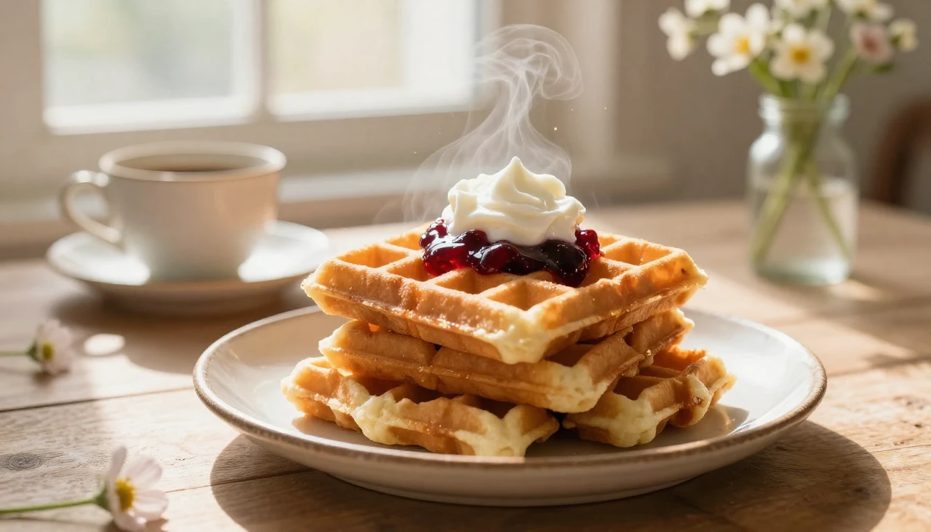 A steaming stack of golden-brown heart-shaped waffles on a r...