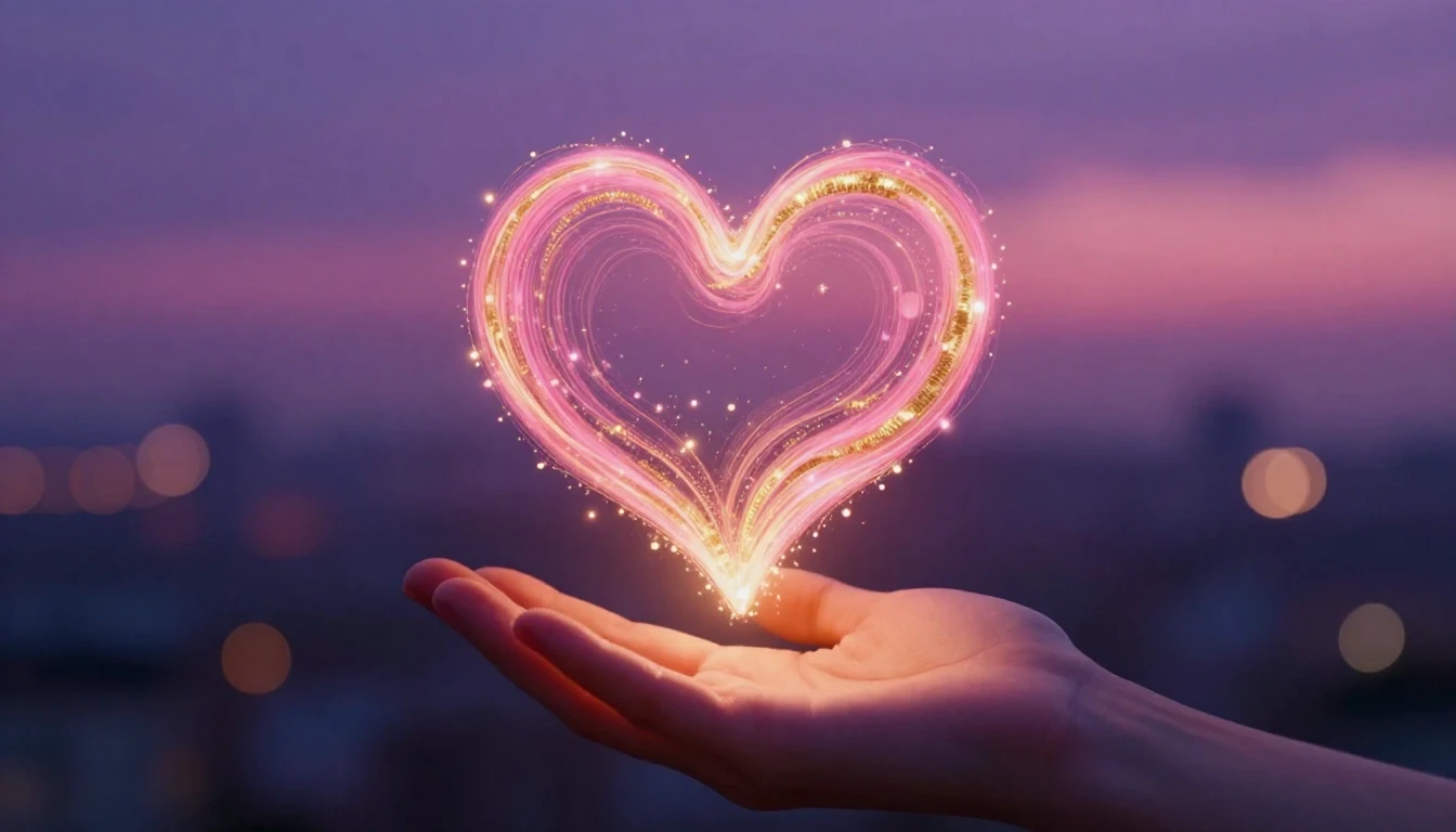 A warm and romantic scene depicting a glowing, stylized hear...