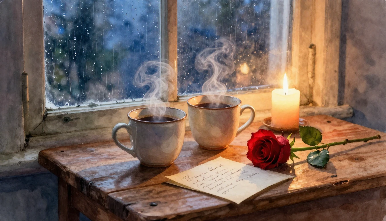 A romantic and cozy still life composition. A rustic wooden ...