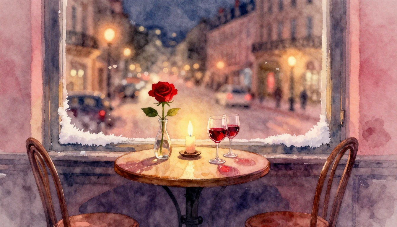 A romantic watercolor painting of a cozy evening scene. A sm...