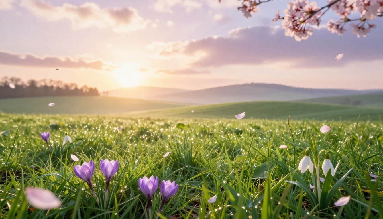 A breathtaking landscape of a lush green meadow at sunrise. ...