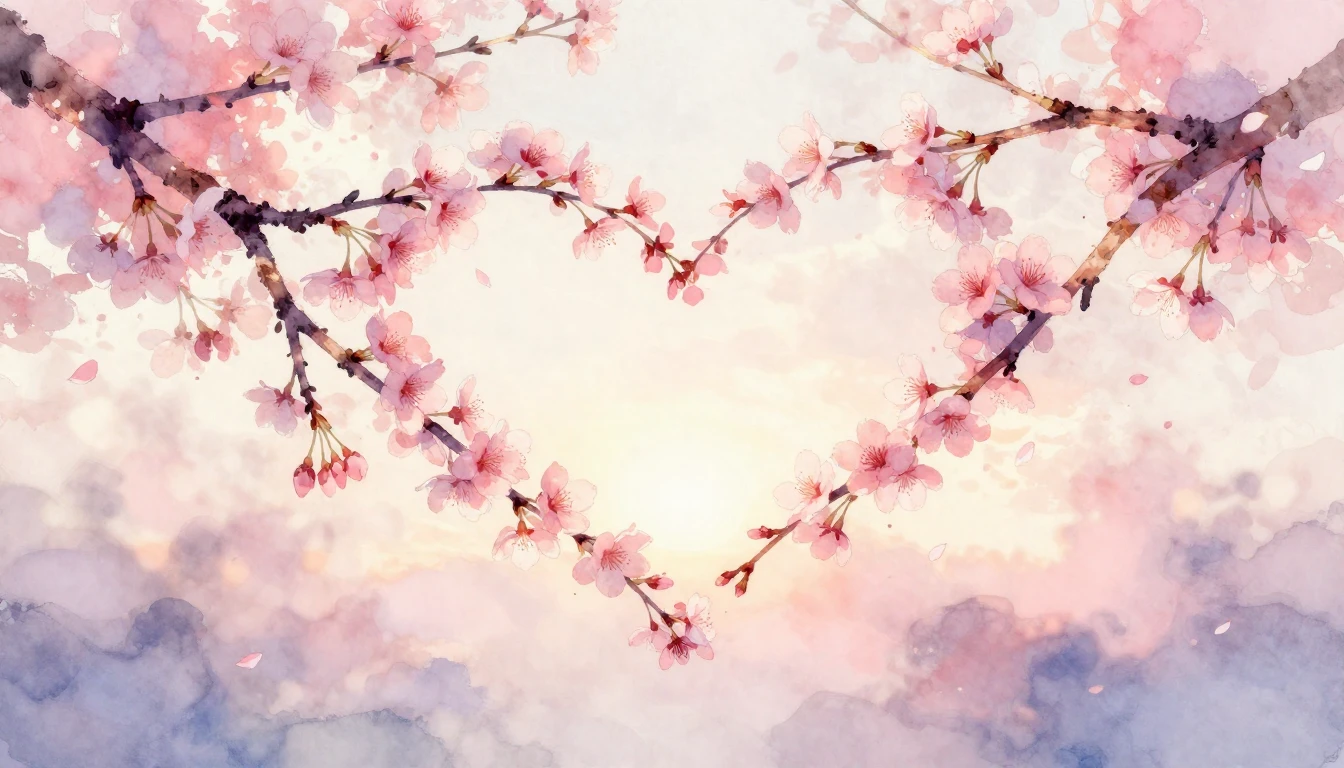 A delicate watercolor painting of two intertwined cherry blo...