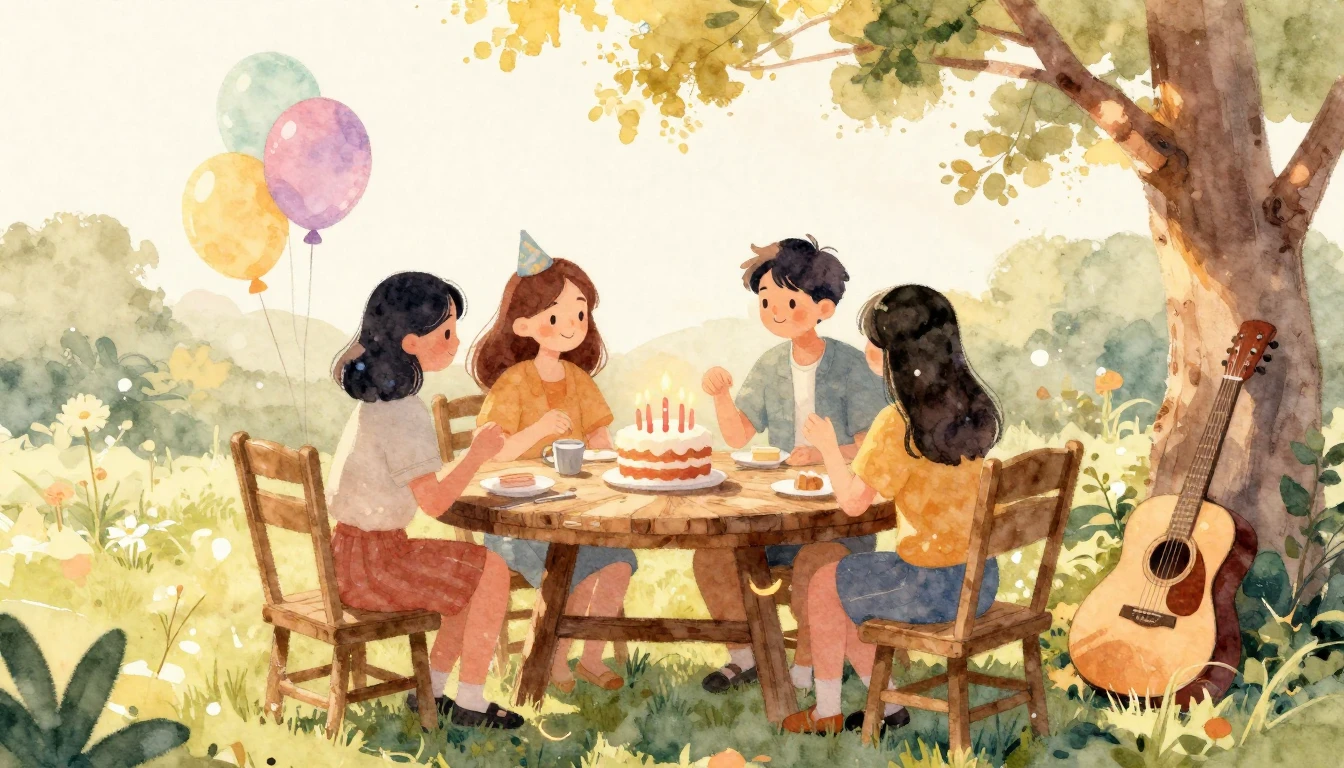 A heartwarming watercolor illustration of a birthday celebra...