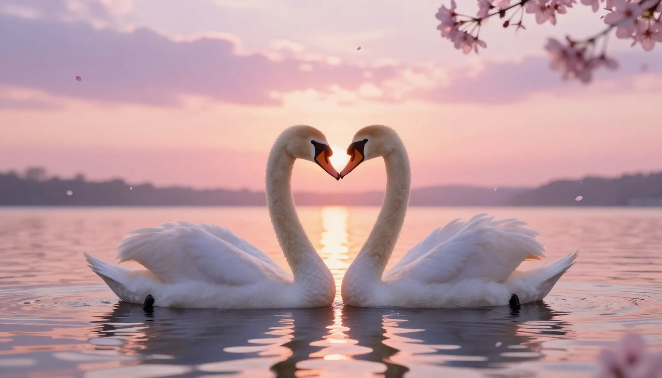 A dreamy and ethereal scene featuring two delicate swans for...