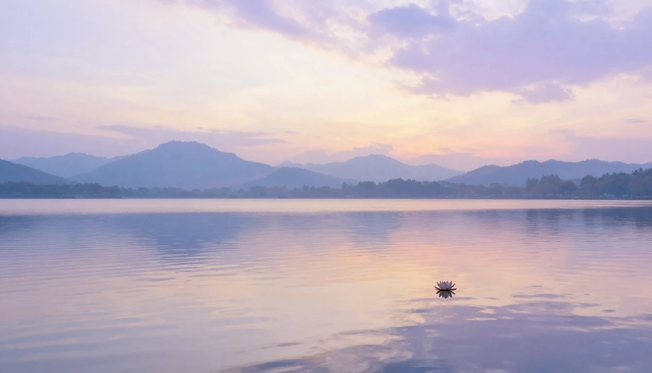 A tranquil landscape featuring a calm lake reflecting a soft...