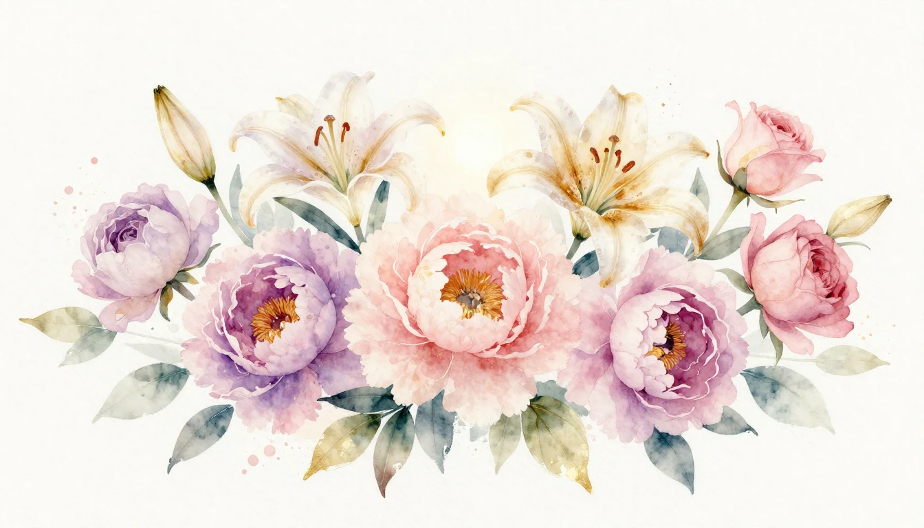 A beautiful watercolor painting of various blooming flowers ...