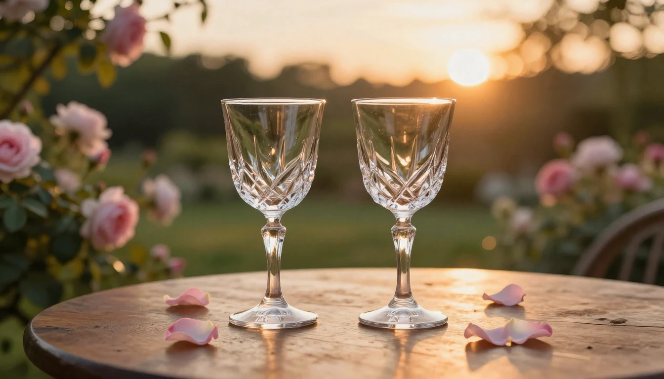 An elegant scene of two crystal glasses on a polished wooden...