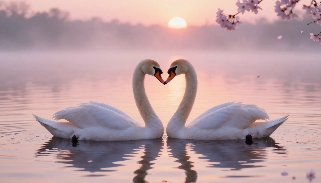 A soft and ethereal scene depicting two delicate swans formi...