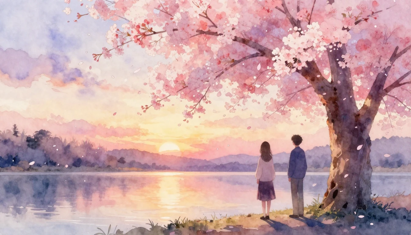 A dreamy watercolor painting of two silhouettes standing und...
