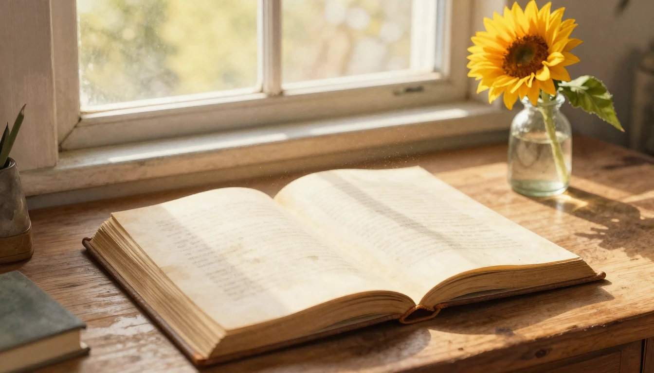 A soft watercolor painting of an open vintage book resting o...