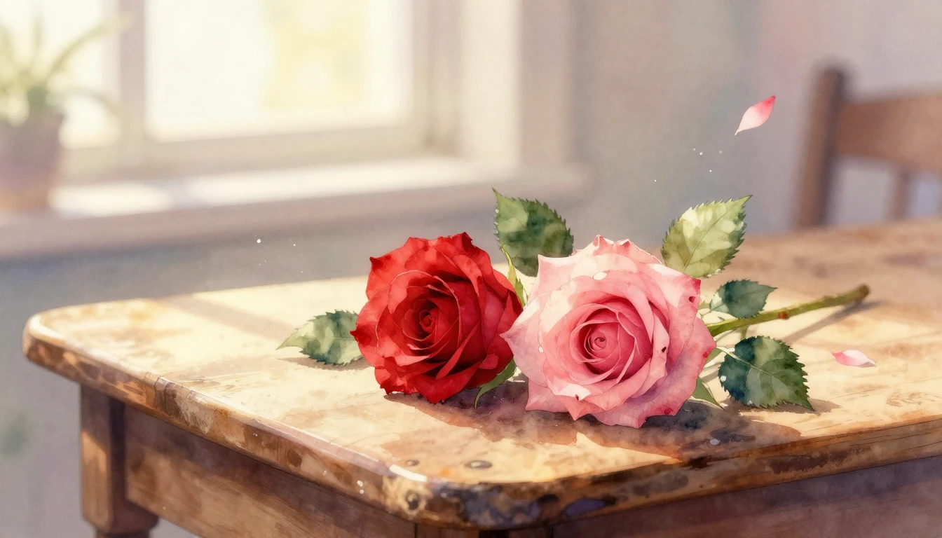 A delicate watercolor painting of two intertwined red and pi...