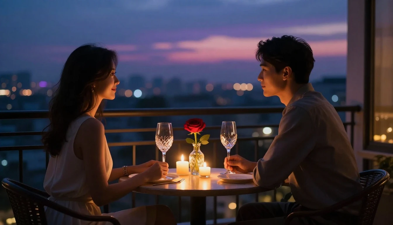 A breathtakingly romantic scene featuring a small table set ...