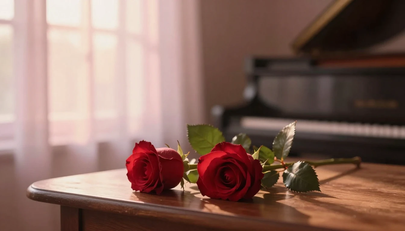 A dreamy and ethereal scene featuring two delicate red roses...
