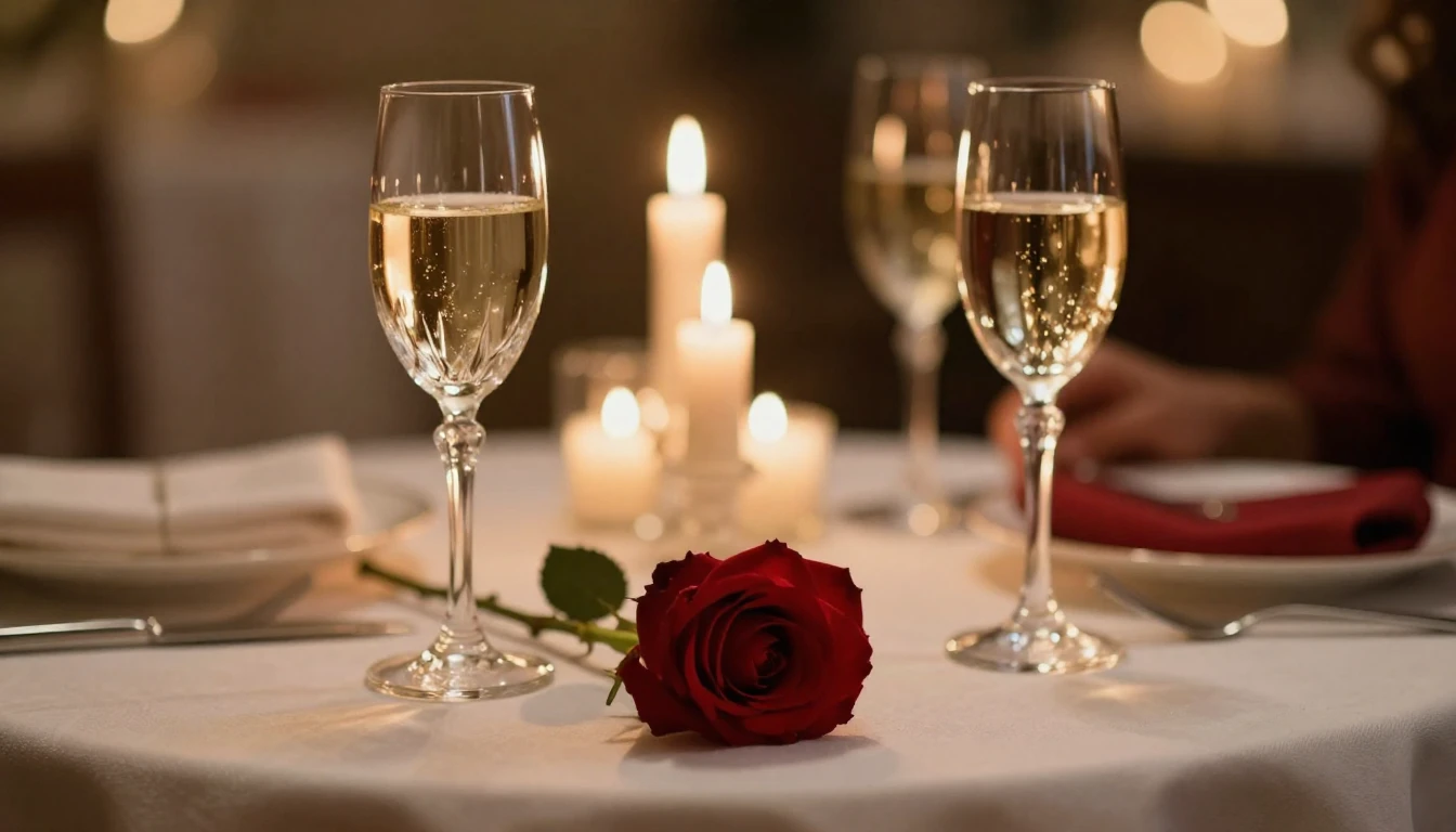 A close-up shot of an elegant dinner table set for two. Two ...
