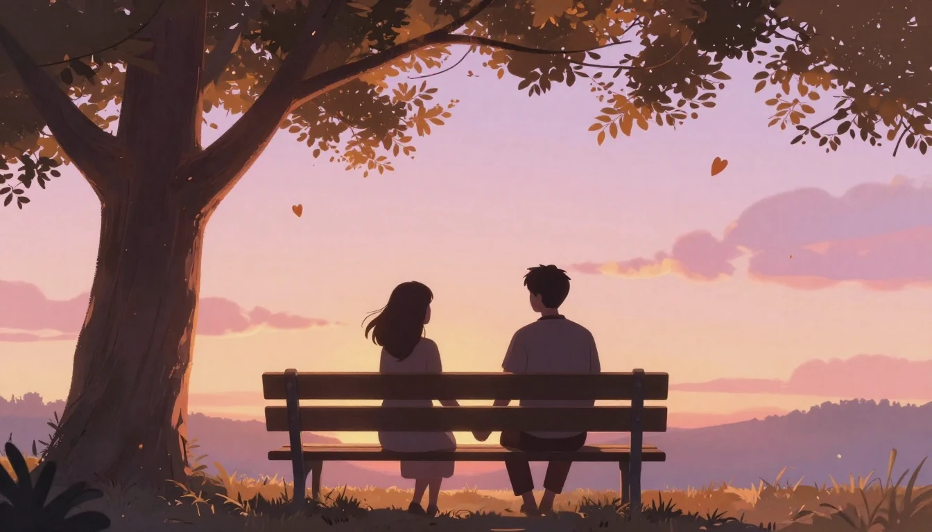 A romantic and dreamy illustration of two silhouettes holdin...