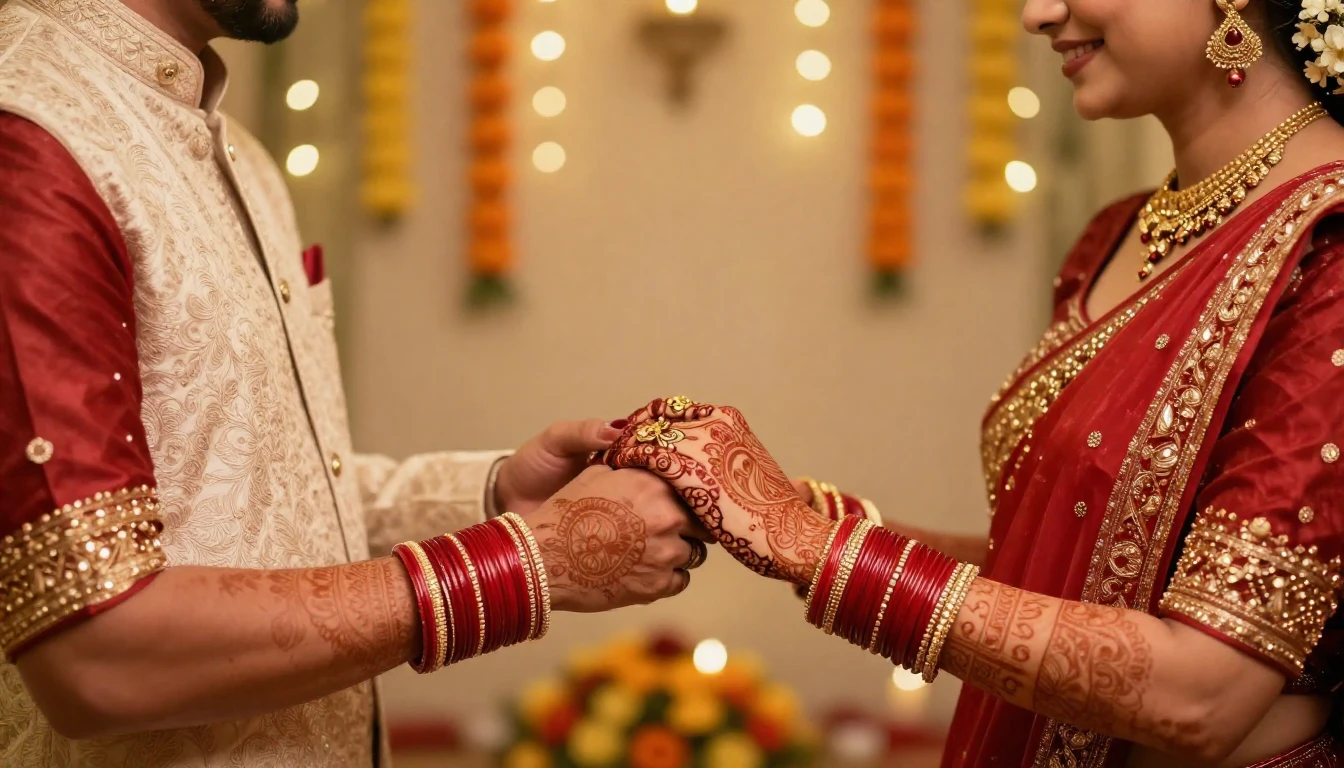 A close-up romantic illustration of a newlywed Bengali coupl...