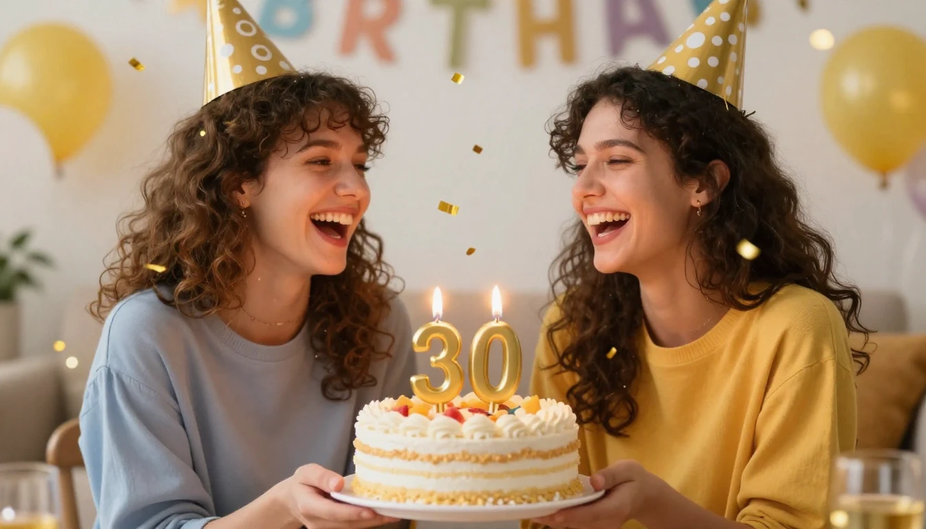 A joyful birthday celebration scene for a 30th birthday. Two...
